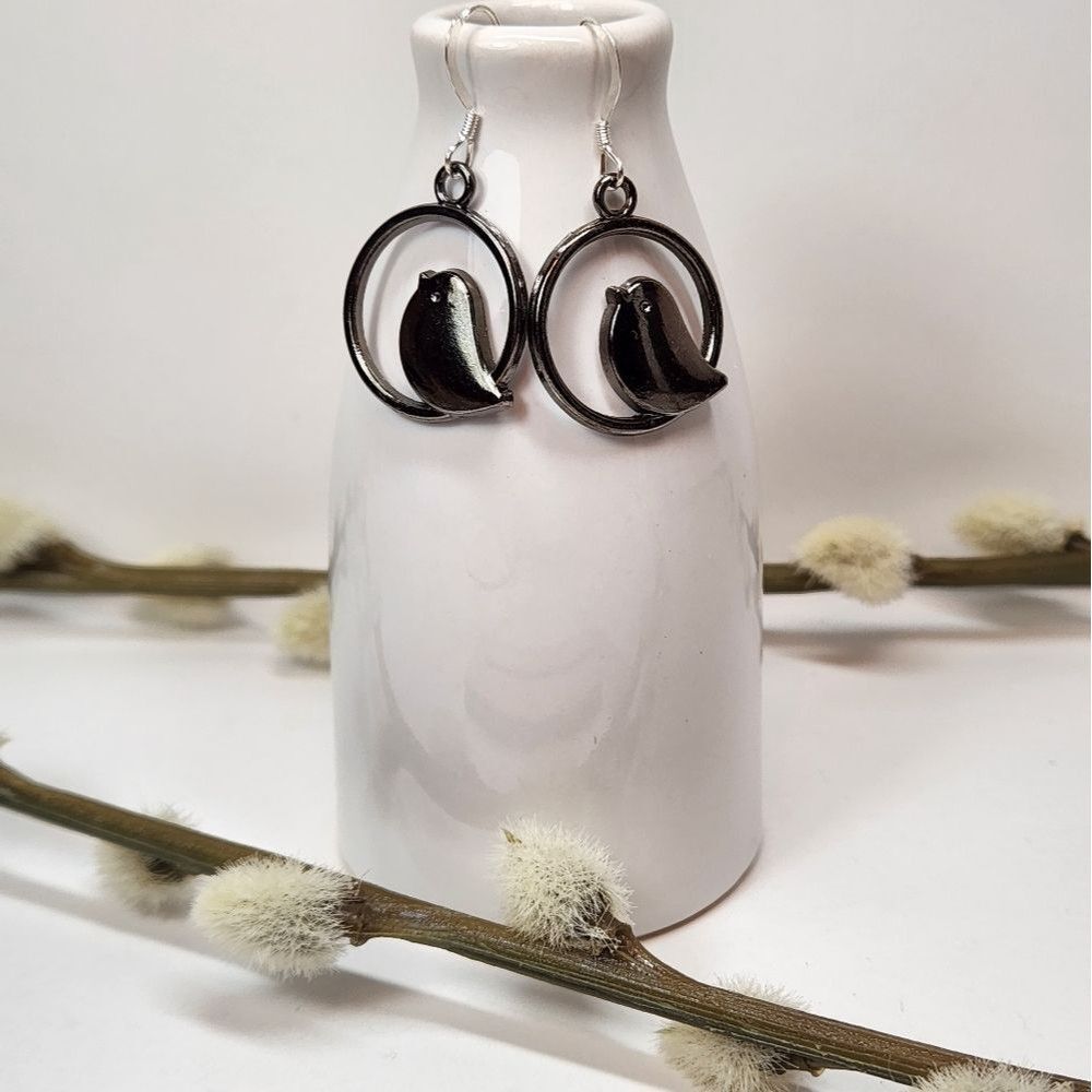Bird Charm Earrings, gunmetal black, sterling silver french earwires